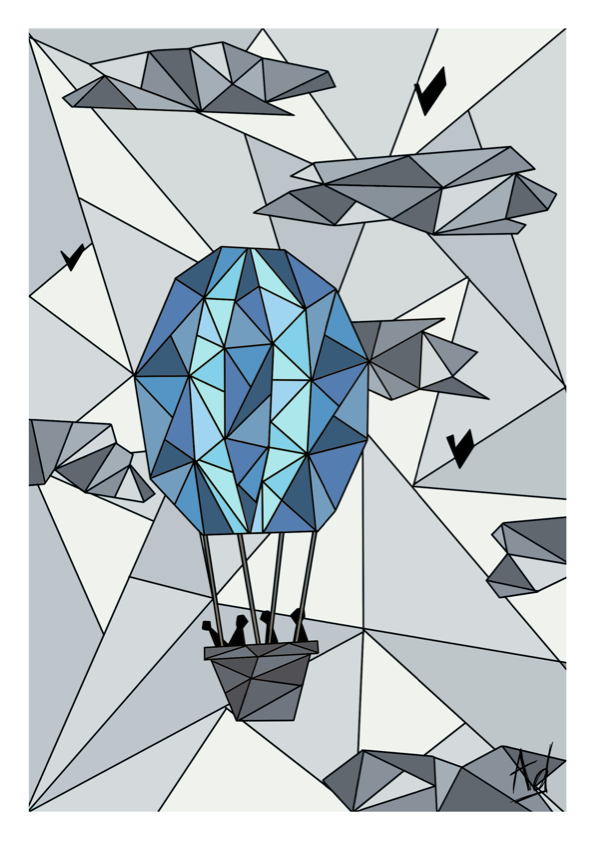 Dessin géométrique noir et blanc d'une montgolfière bleue dans le ciel