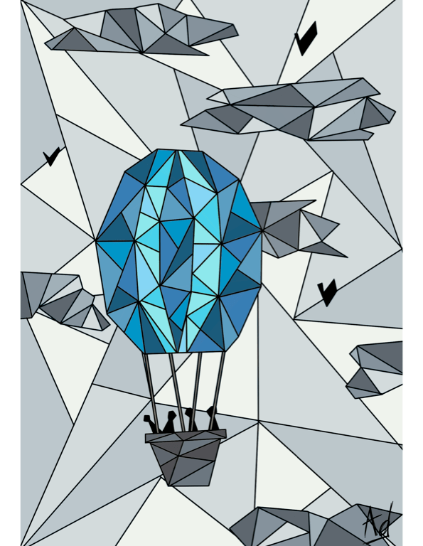 Dessin géométrique noir et blanc d'une montgolfière bleue dans le ciel
