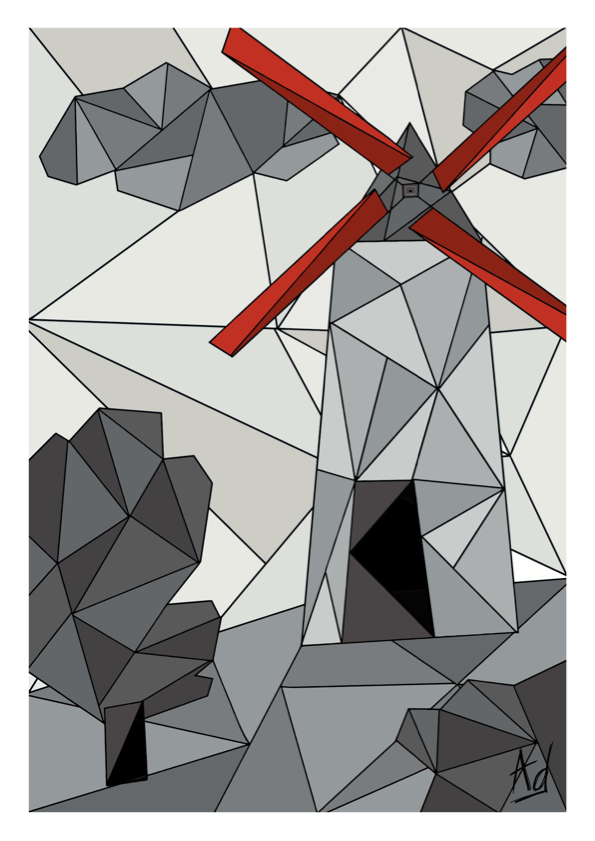 Dessin mosaique en gris et rouge d'un moulin