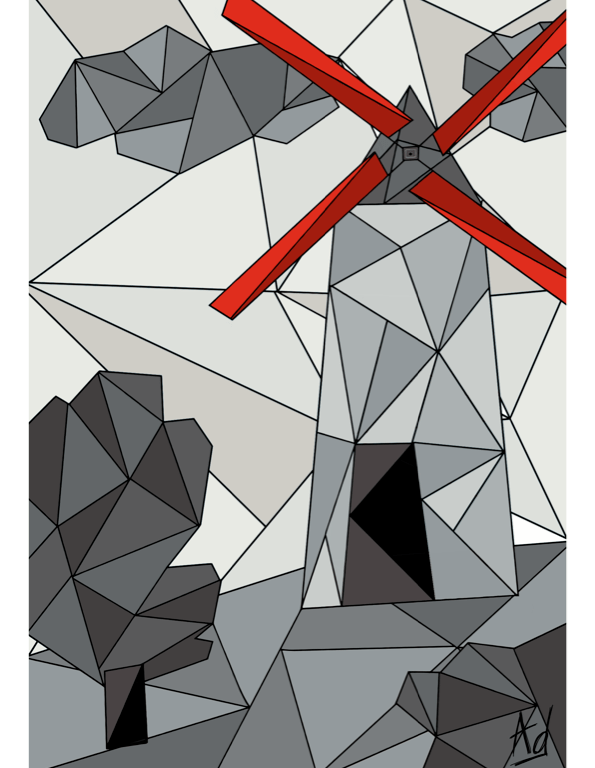 Dessin mosaique en gris et rouge d'un moulin