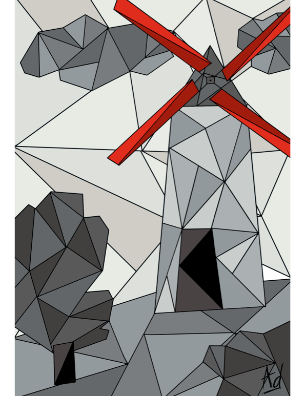 Dessin mosaique en gris et rouge d'un moulin