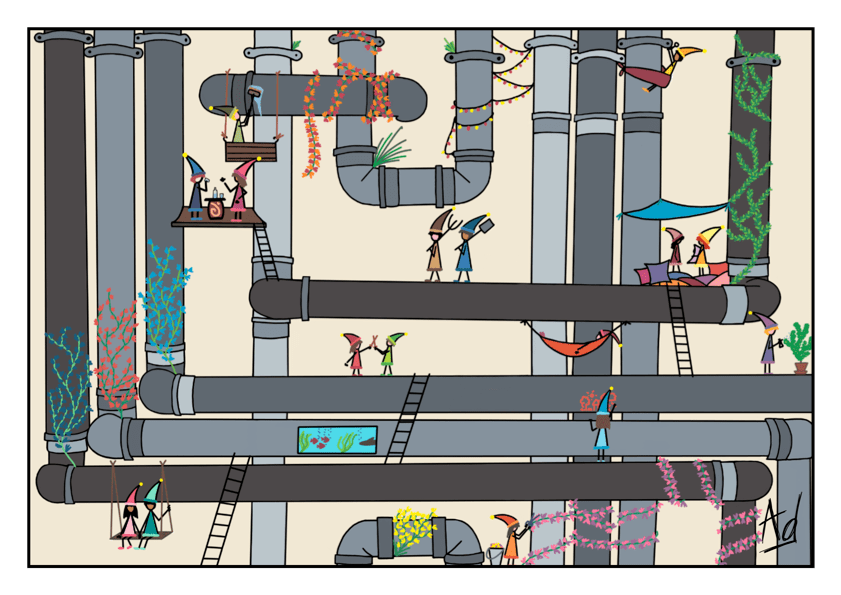 Dessin d'une scenette d'une civilisation de lutins ayant conquis un monde de tuyaux
