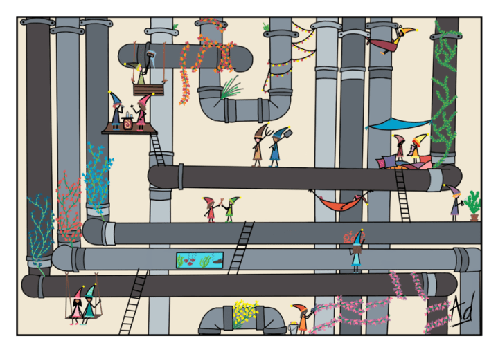 Dessin d'une scenette d'une civilisation de lutins ayant conquis un monde de tuyaux