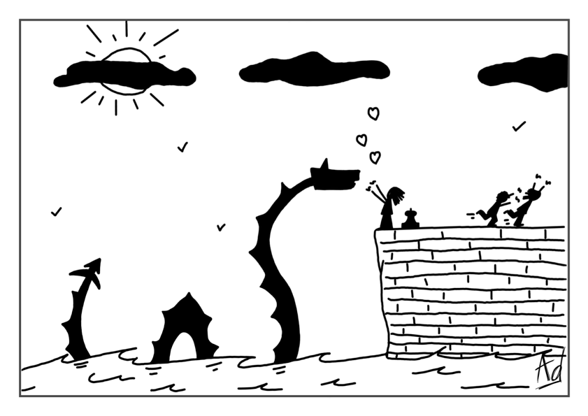 dessin d'un monstre marin rencontrant un groupe de petits personnages