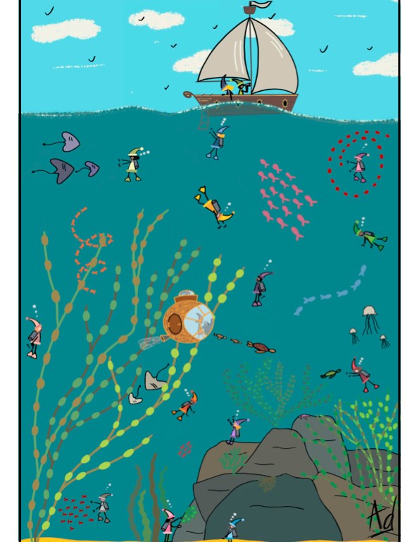 Dessin d'une scenette d'une civilisation de lutins à la recherche d'un trésor perdu sous l'eau