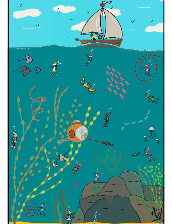 Dessin d'une scenette d'une civilisation de lutins à la recherche d'un trésor perdu sous l'eau