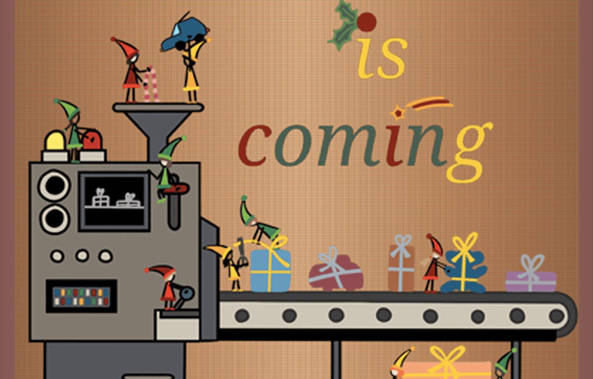 Dessin d'une scenette d'une population de lutins en train de préparer les cadeaux de Noël