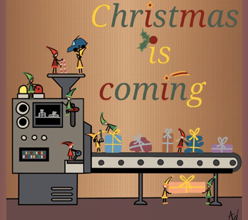 Dessin d'une scenette d'une population de lutins en train de préparer les cadeaux de Noël