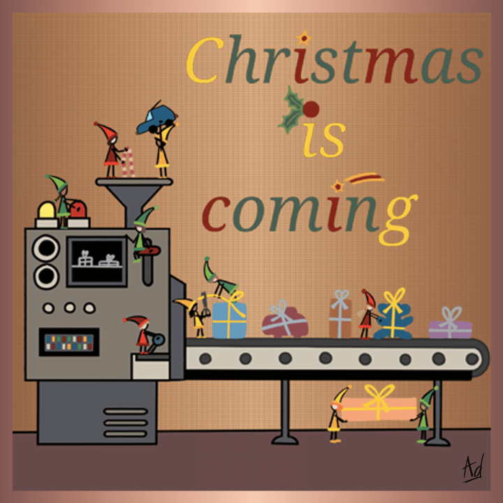 Dessin d'une scenette d'une population de lutins en train de préparer les cadeaux de Noël