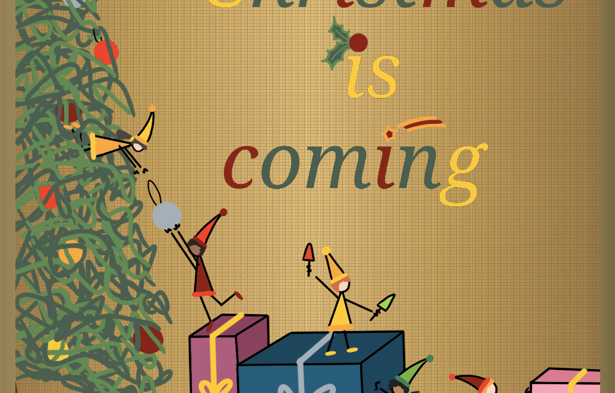 Dessin d'une scenette d'une population de lutins en train de préparer Noël