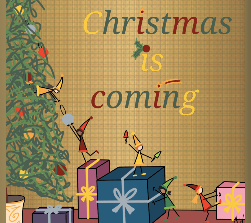 Dessin d'une scenette d'une population de lutins en train de préparer Noël