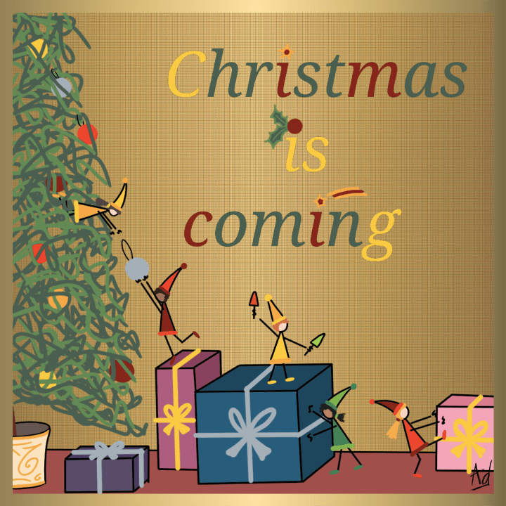 Dessin d'une scenette d'une population de lutins en train de préparer Noël