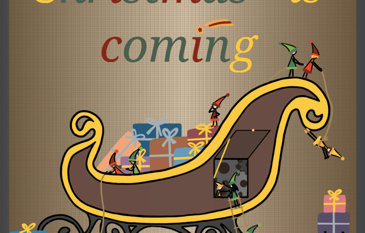 Dessin d'une scenette d'une population de lutins en train de préparer le traineau du père Noël