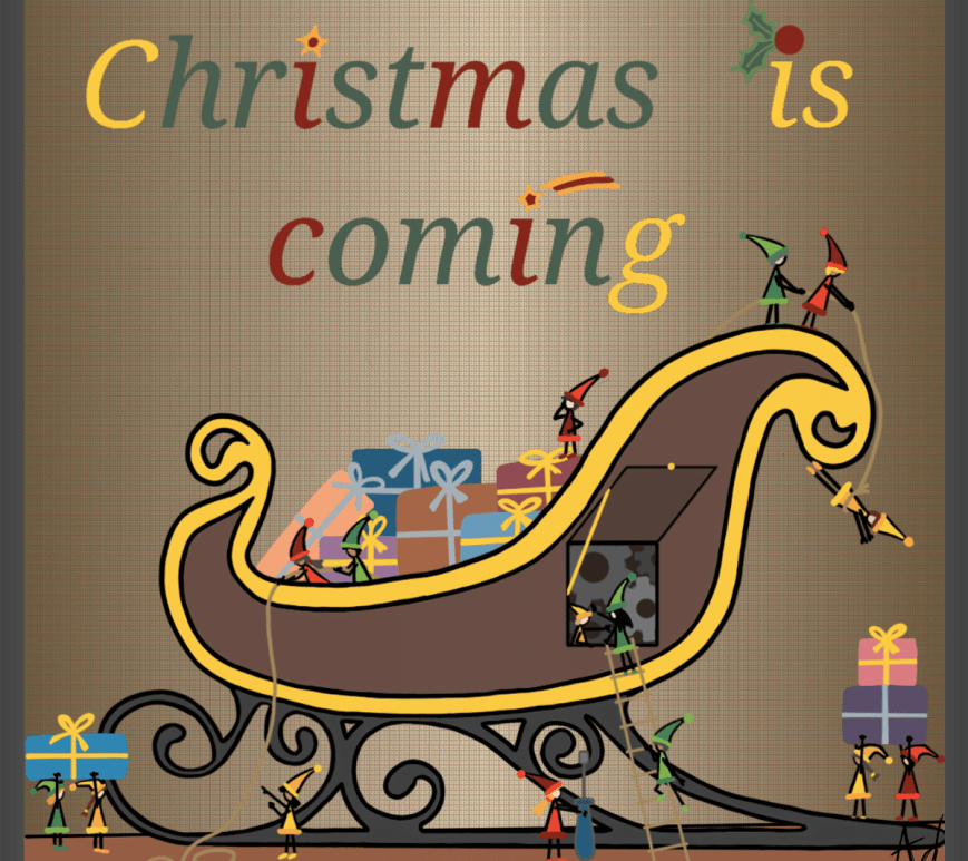 Dessin d'une scenette d'une population de lutins en train de préparer le traineau du père Noël