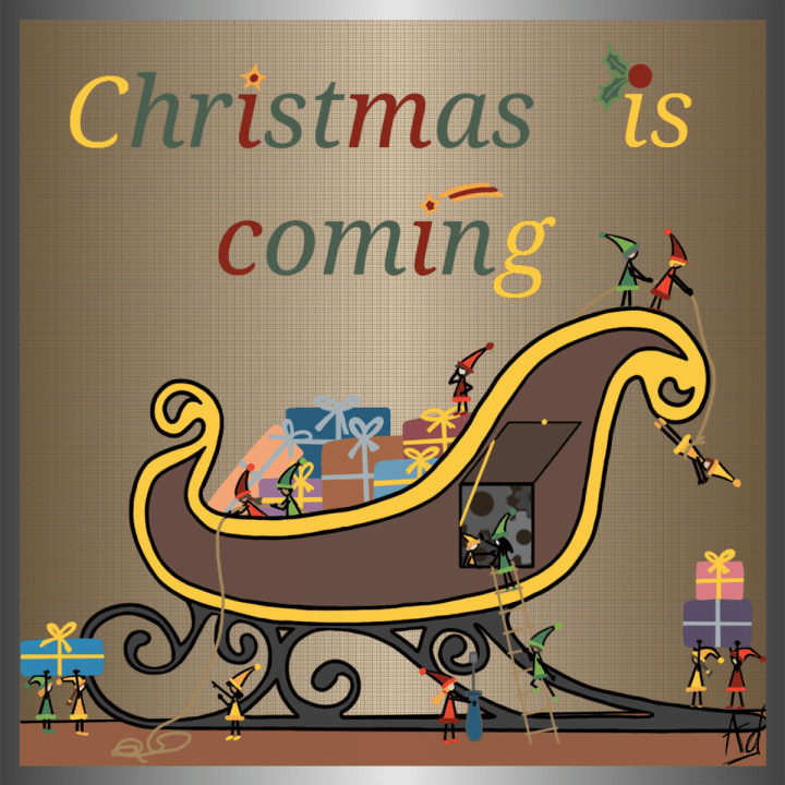 Dessin d'une scenette d'une population de lutins en train de préparer le traineau du père Noël