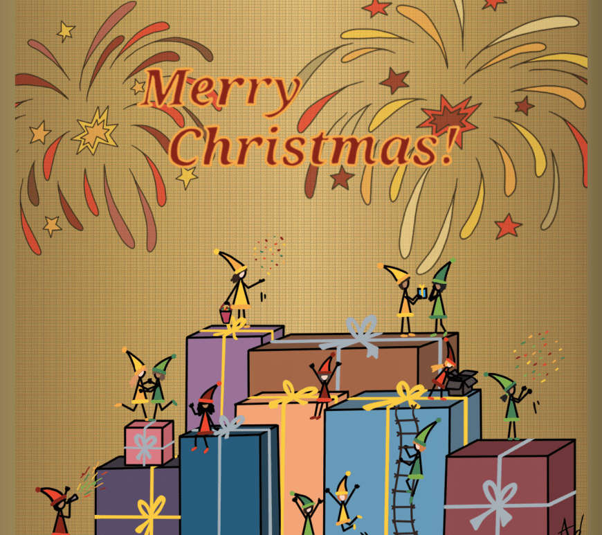 Dessin d'une scenette d'une population de lutins en train de fêter Noël