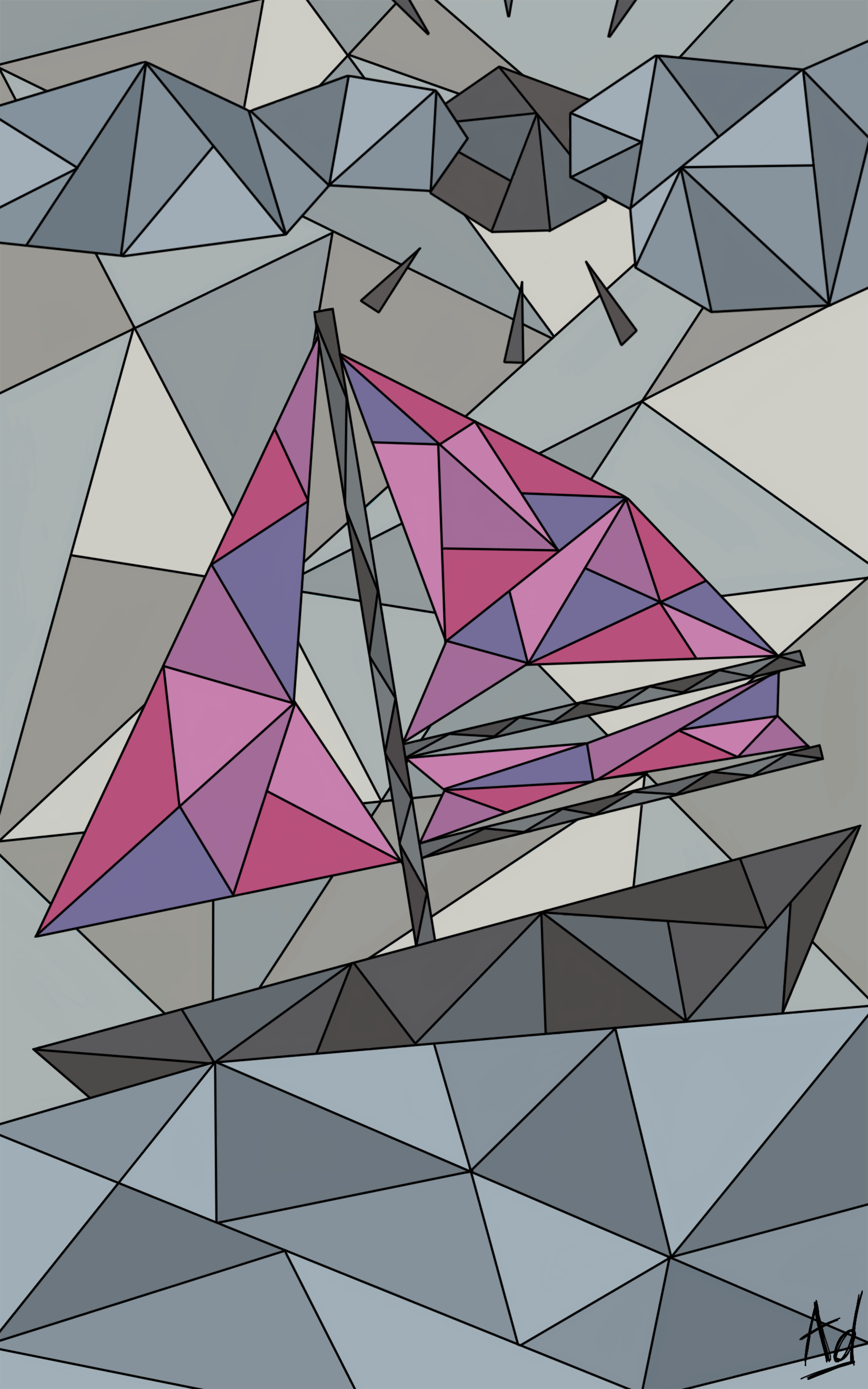 Dessin géométrique noir et blanc d'un voilier violet sur l'océan