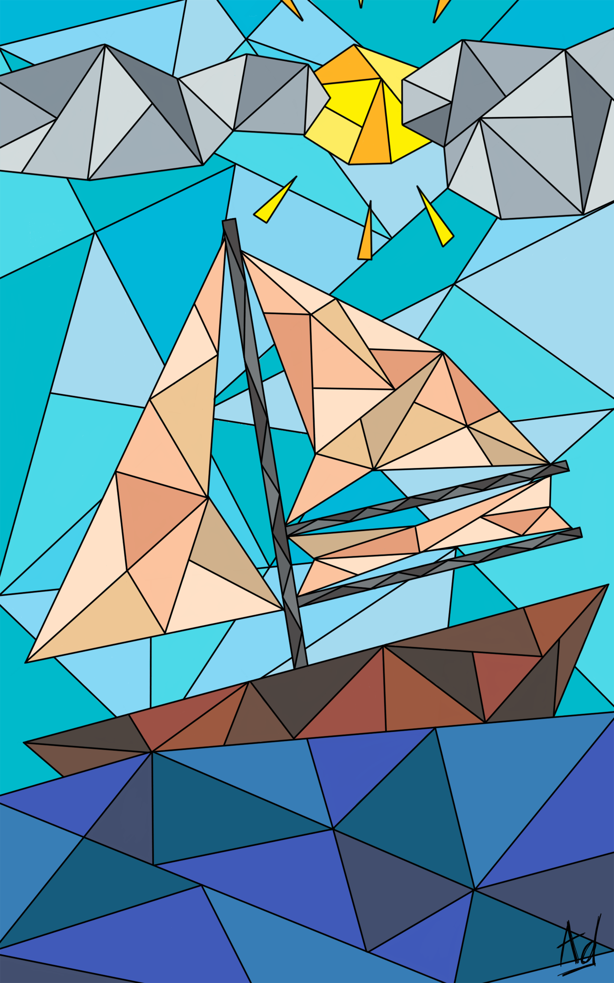 Dessin géométrique coloré d'un voilier sur l'océan