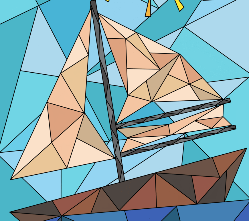 Dessin géométrique coloré d'un voilier sur l'océan