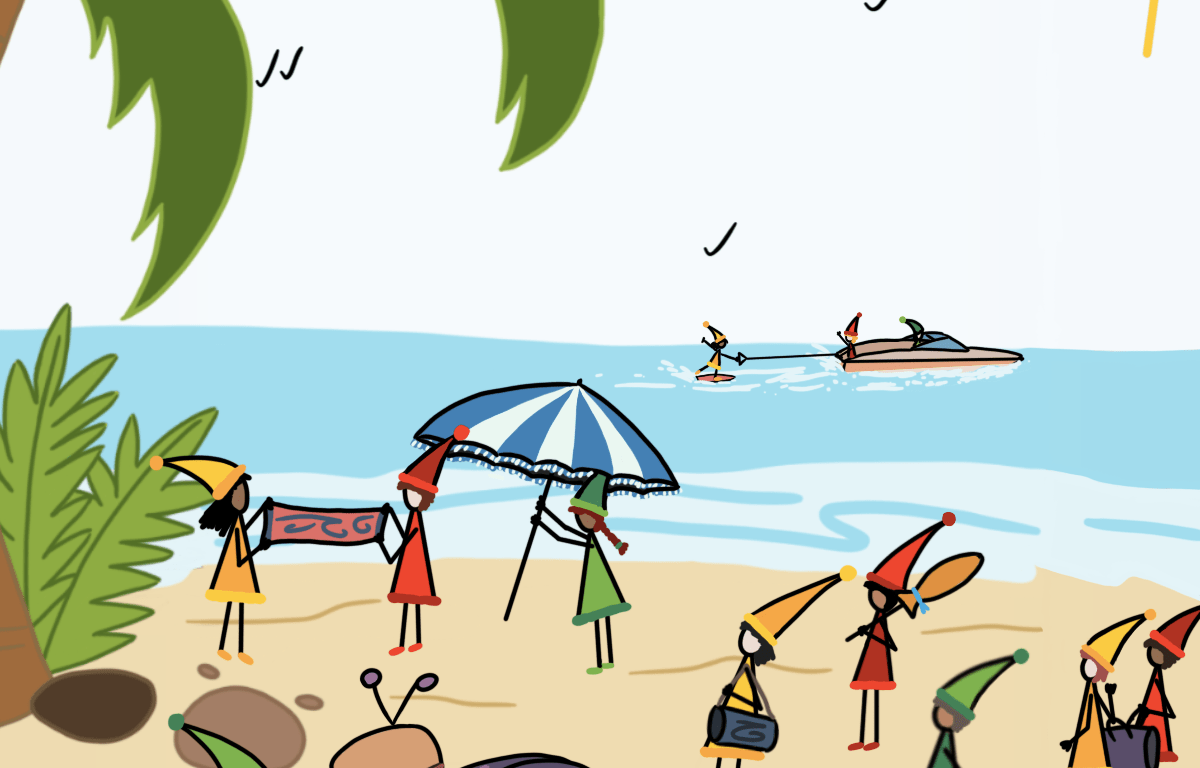Dessin d'une scenette d'une population de lutins en vacances à la plage