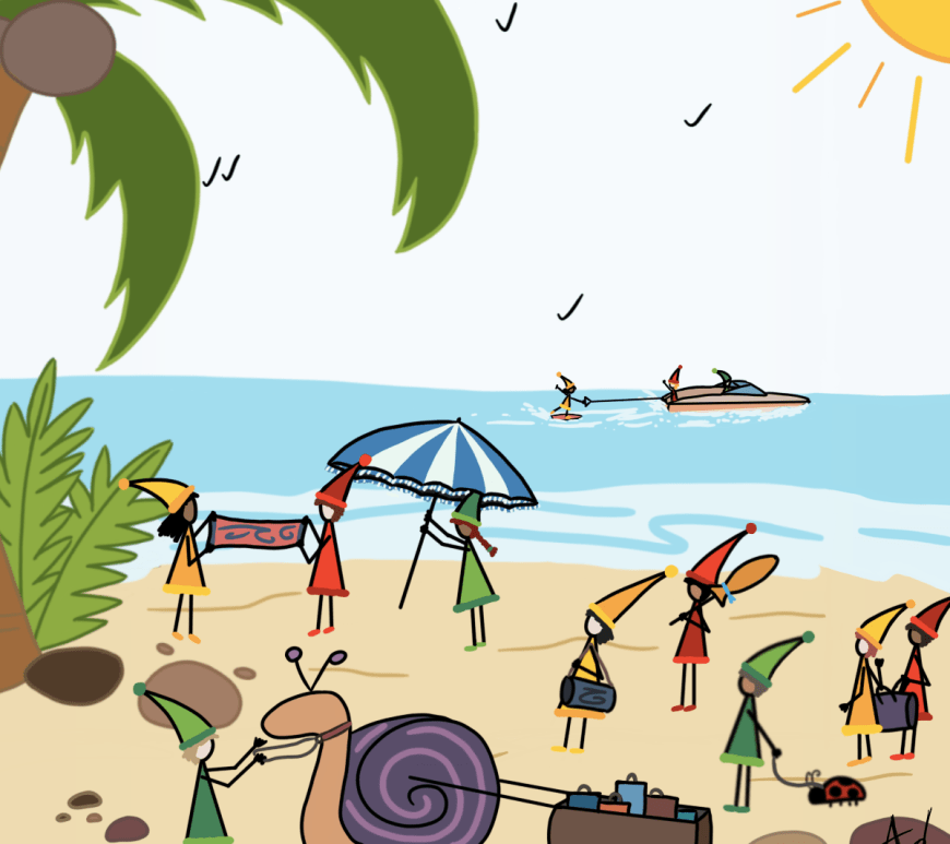Dessin d'une scenette d'une population de lutins en vacances à la plage