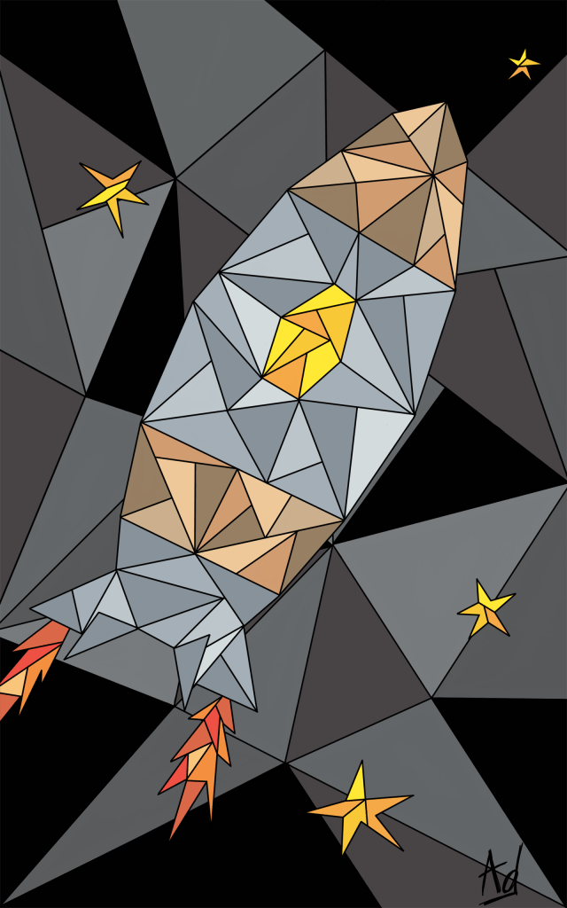 Dessin géométrique coloré d'une fusée dans l'espace