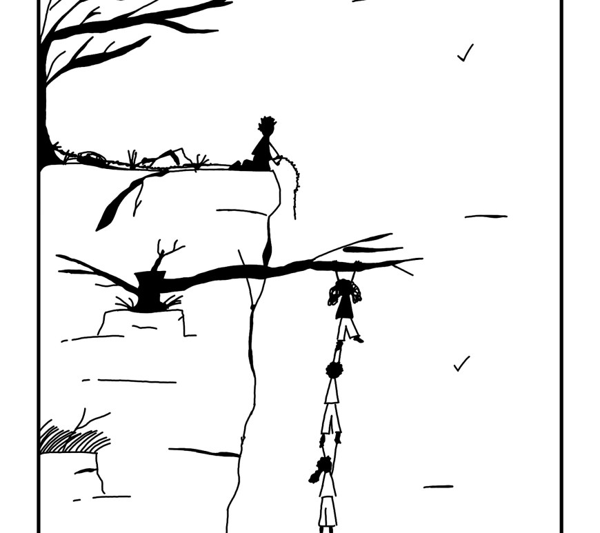 dessin de personnages en mauvaise posture face à un crocodile