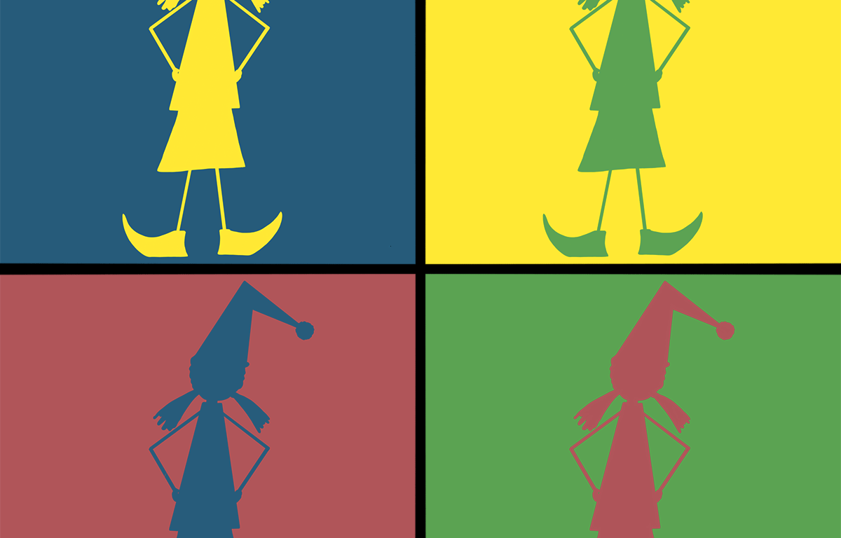 Dessin de quatre silhouettes du même lutin de couleurs différentes
