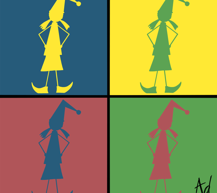 Dessin de quatre silhouettes du même lutin de couleurs différentes