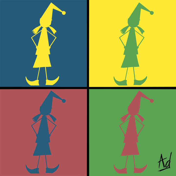 Dessin de quatre silhouettes du même lutin de couleurs différentes