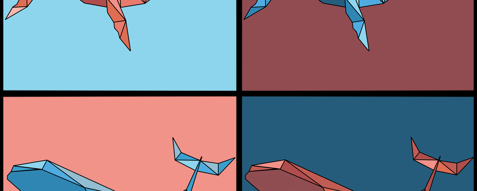 Baleines géométriques teintes de rouge et bleu