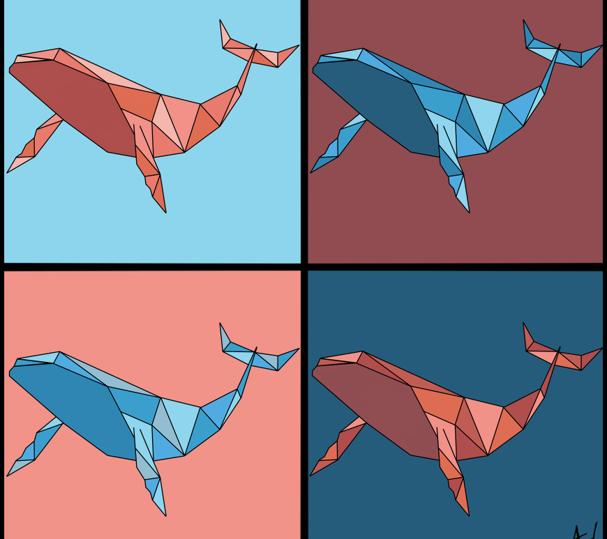 Baleines géométriques teintes de rouge et bleu