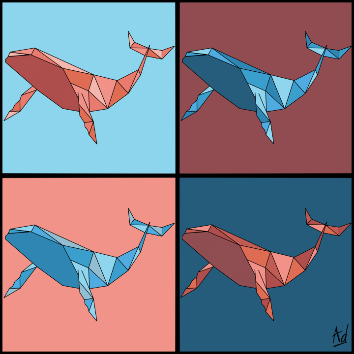 Baleines géométriques teintes de rouge et bleu