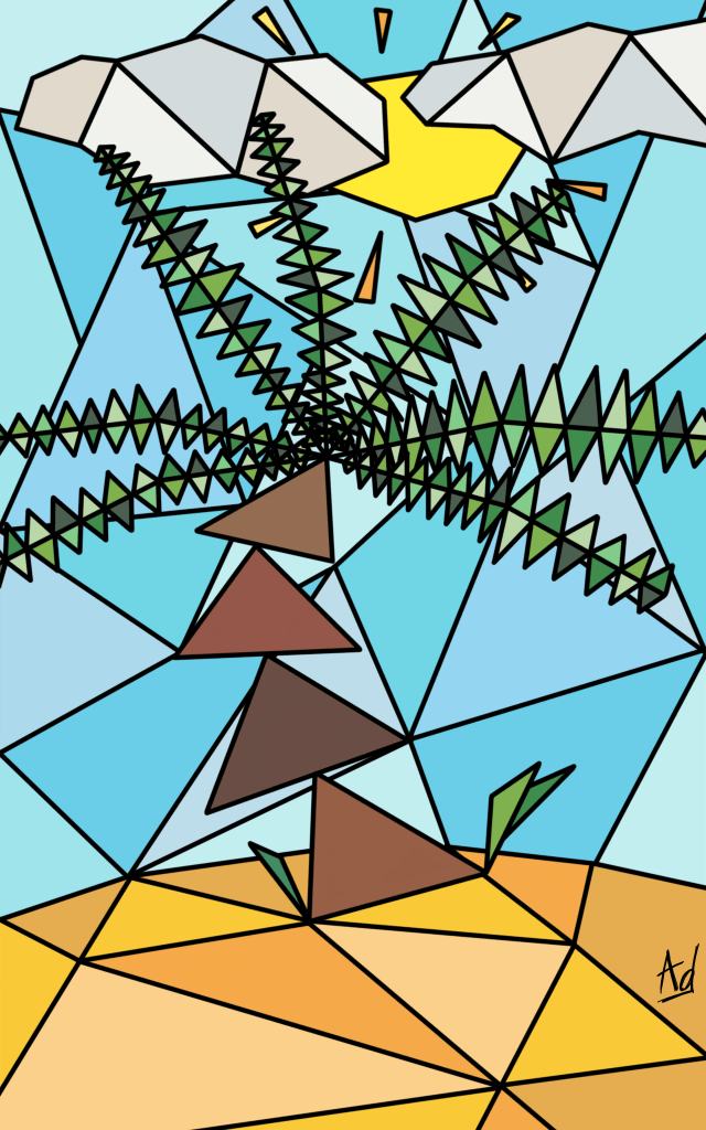 Dessin géométrique coloré d'un palmier sur une île