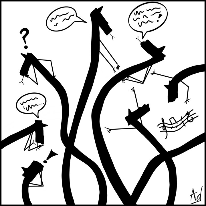 dessin de têtes d'hydres en train de discuter