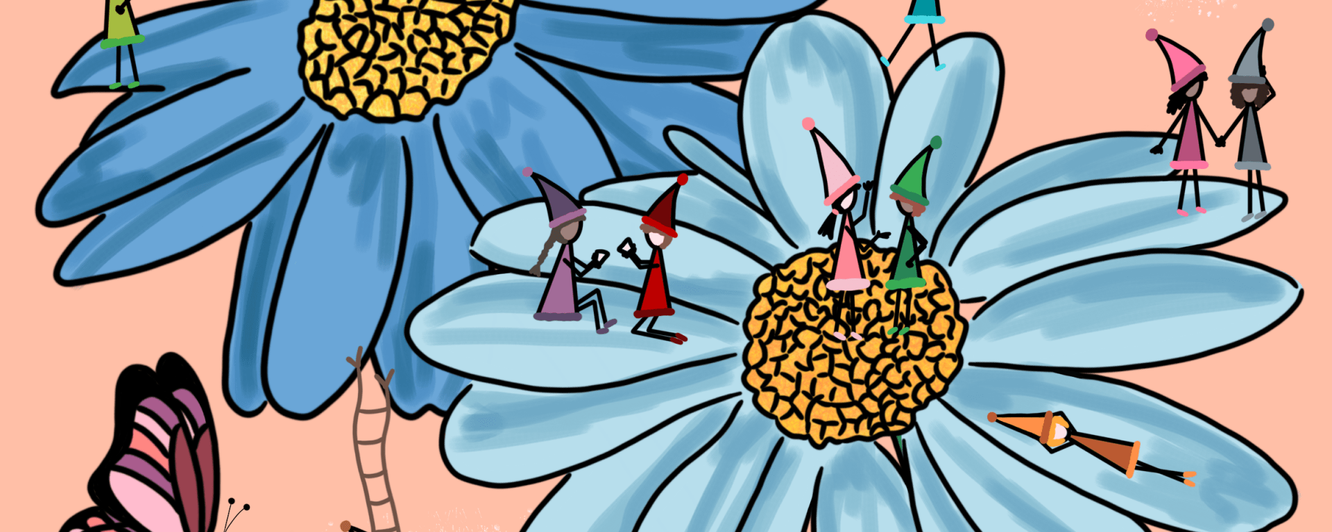 Dessin d'une scenette d'une population de lutins vivant dans des fleurs