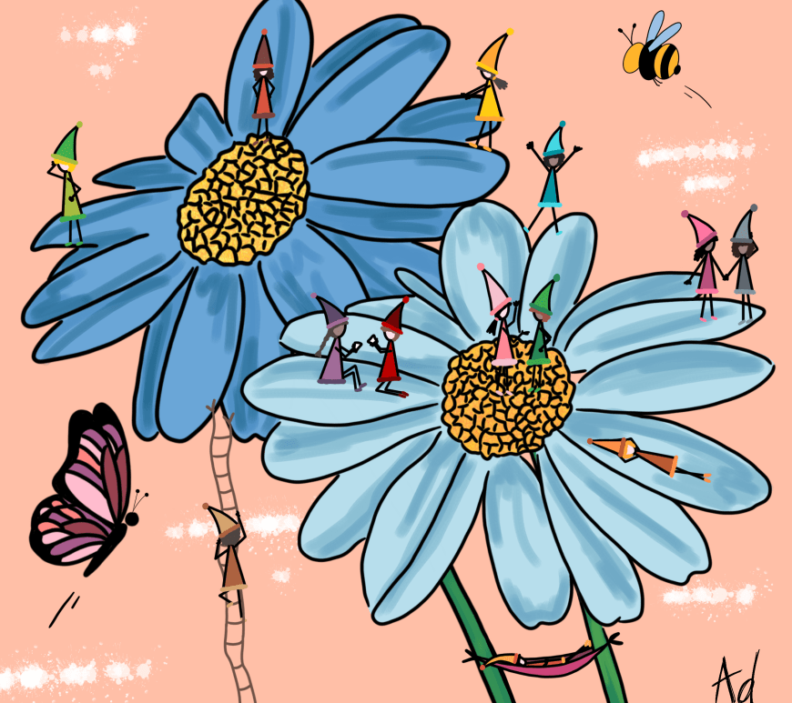 Dessin d'une scenette d'une population de lutins vivant dans des fleurs