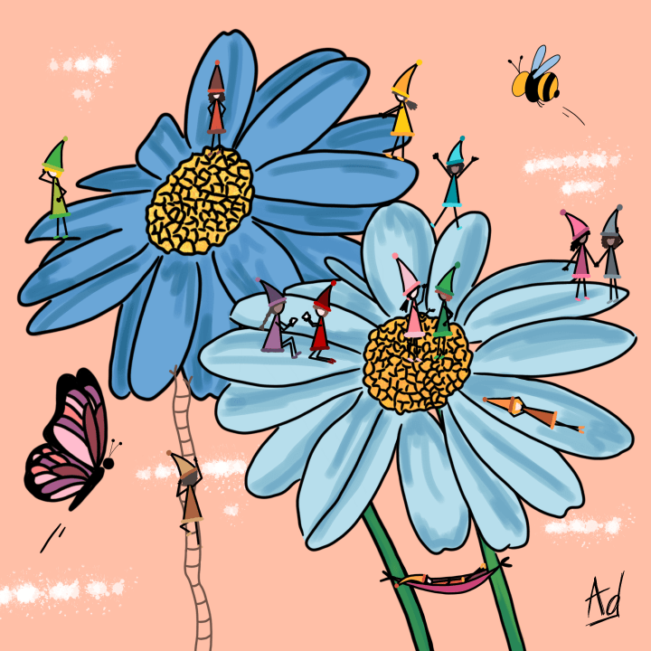 Dessin d'une scenette d'une population de lutins vivant dans des fleurs