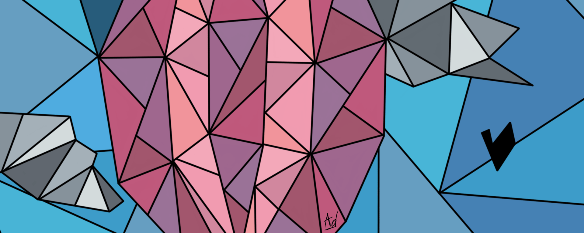 Dessin géométrique coloré d'une montgolfière rose dans le ciel