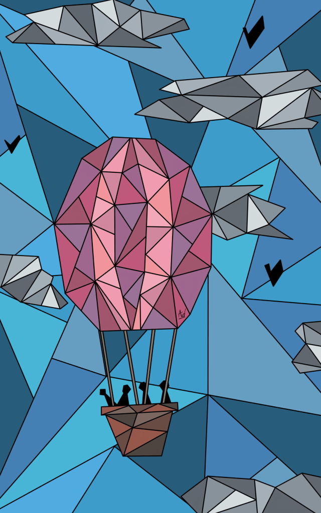 Dessin géométrique coloré d'une montgolfière rose dans le ciel