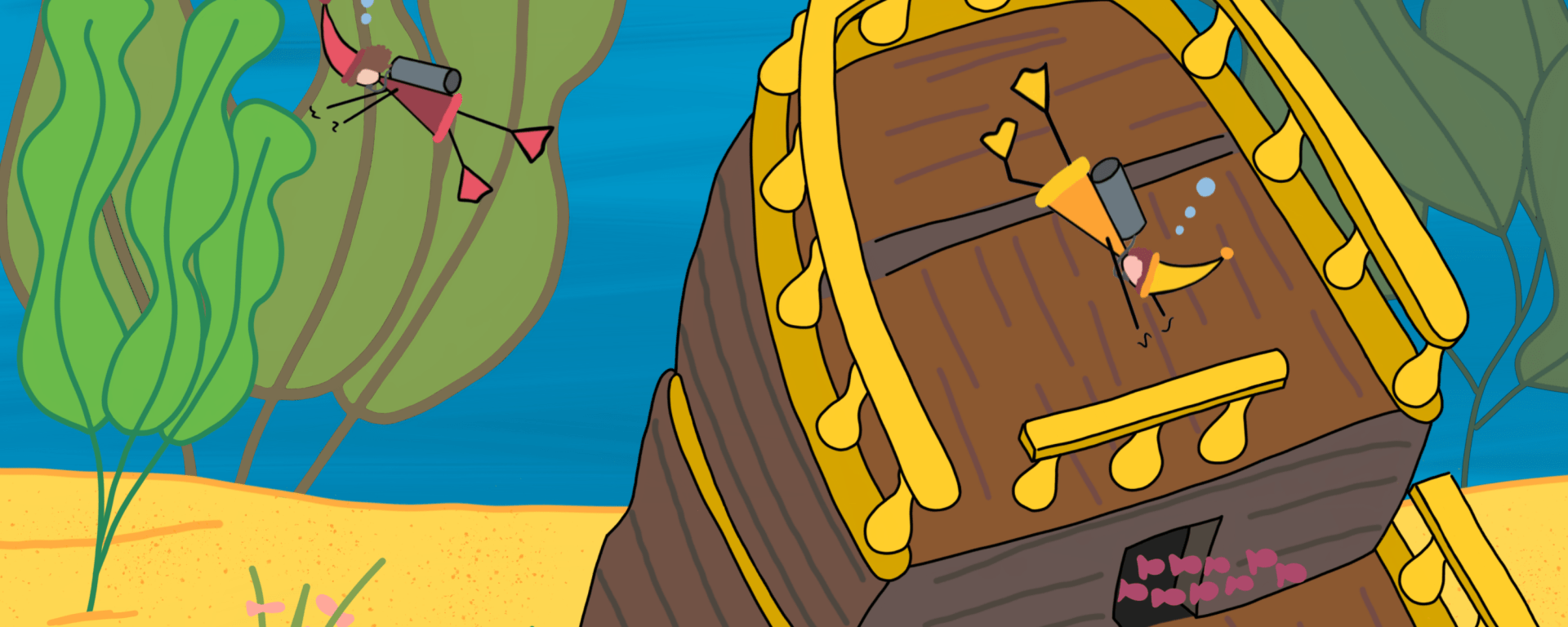 Dessin d'une scenette de lutins sous l'eau cherchant un trésor