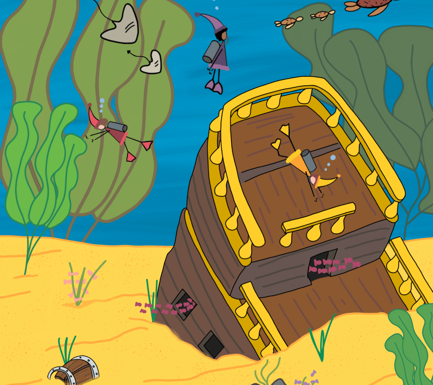 Dessin d'une scenette de lutins sous l'eau cherchant un trésor