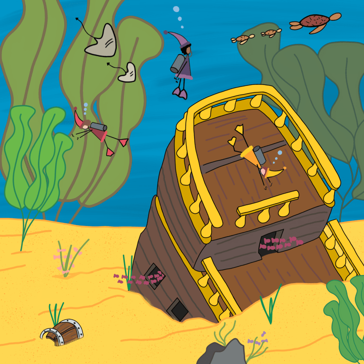 Dessin d'une scenette de lutins sous l'eau cherchant un trésor