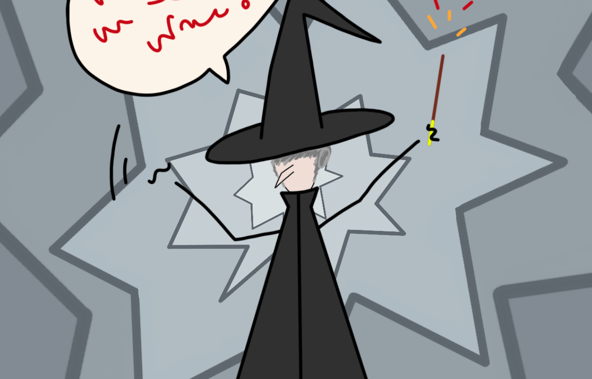 dessin en noir et blanc d'une sorcière