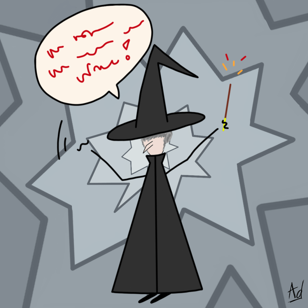 dessin en noir et blanc d'une sorcière