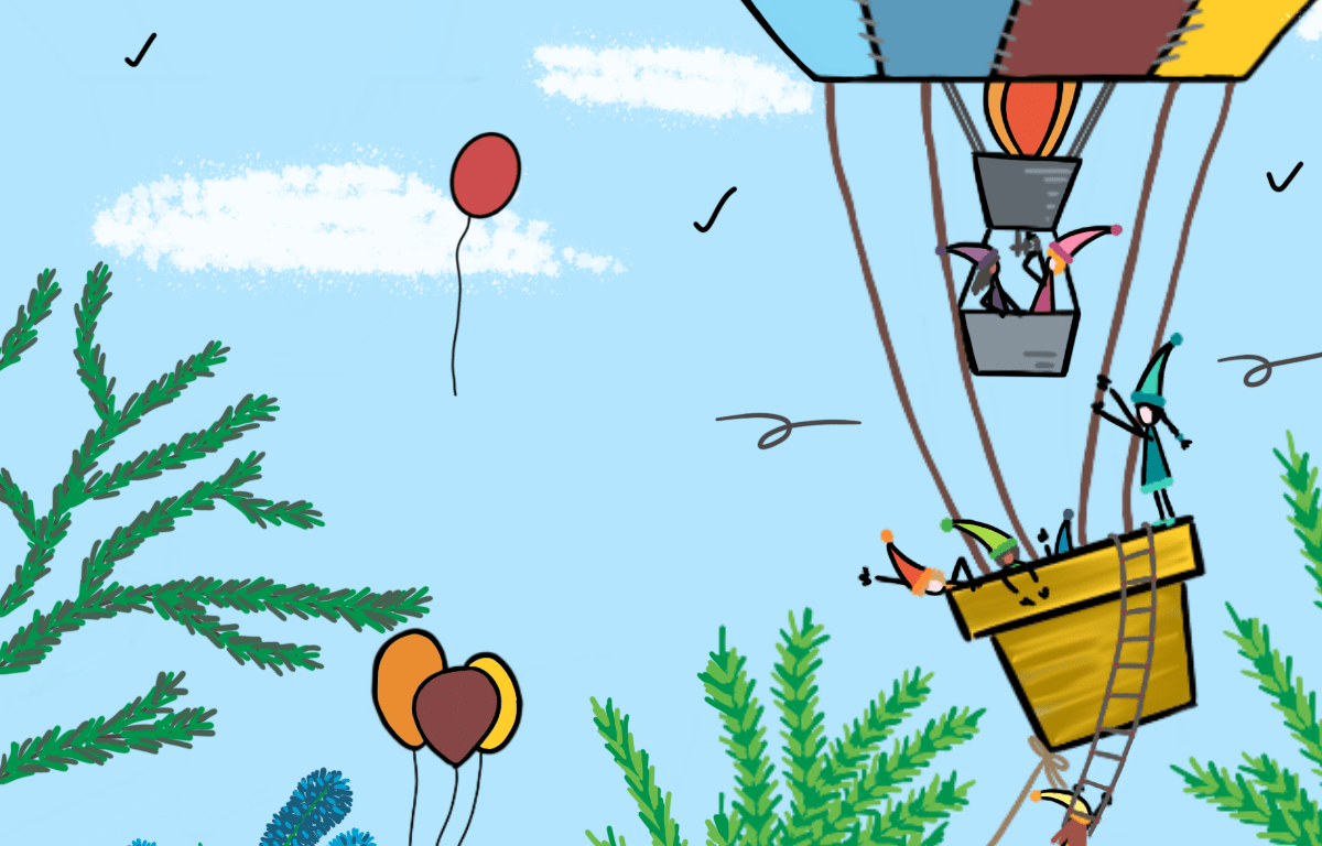Dessin d'une montgolfière de lutins en train de décoller