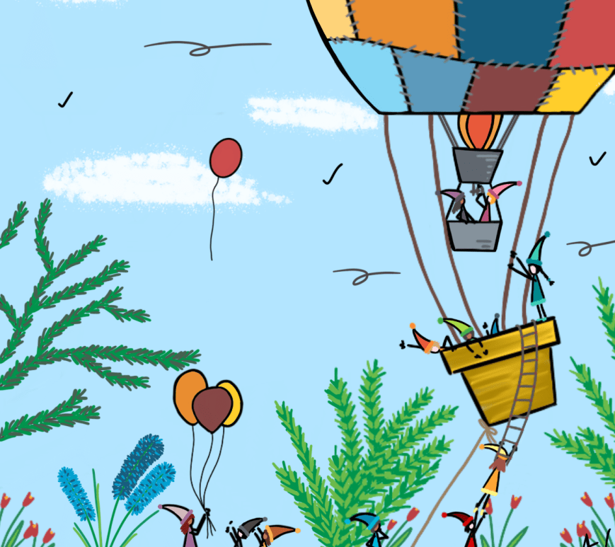 Dessin d'une montgolfière de lutins en train de décoller