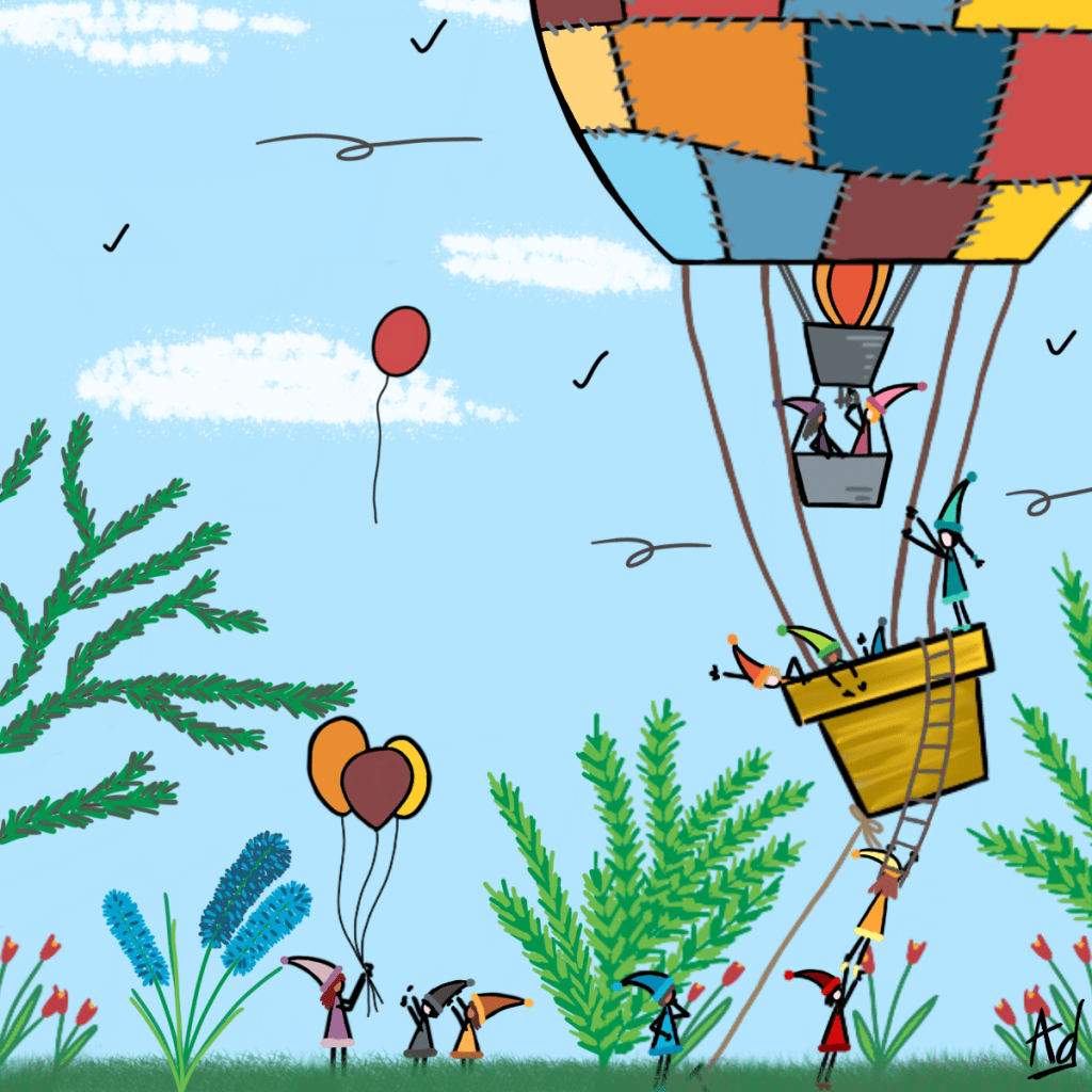 Dessin d'une montgolfière de lutins en train de décoler