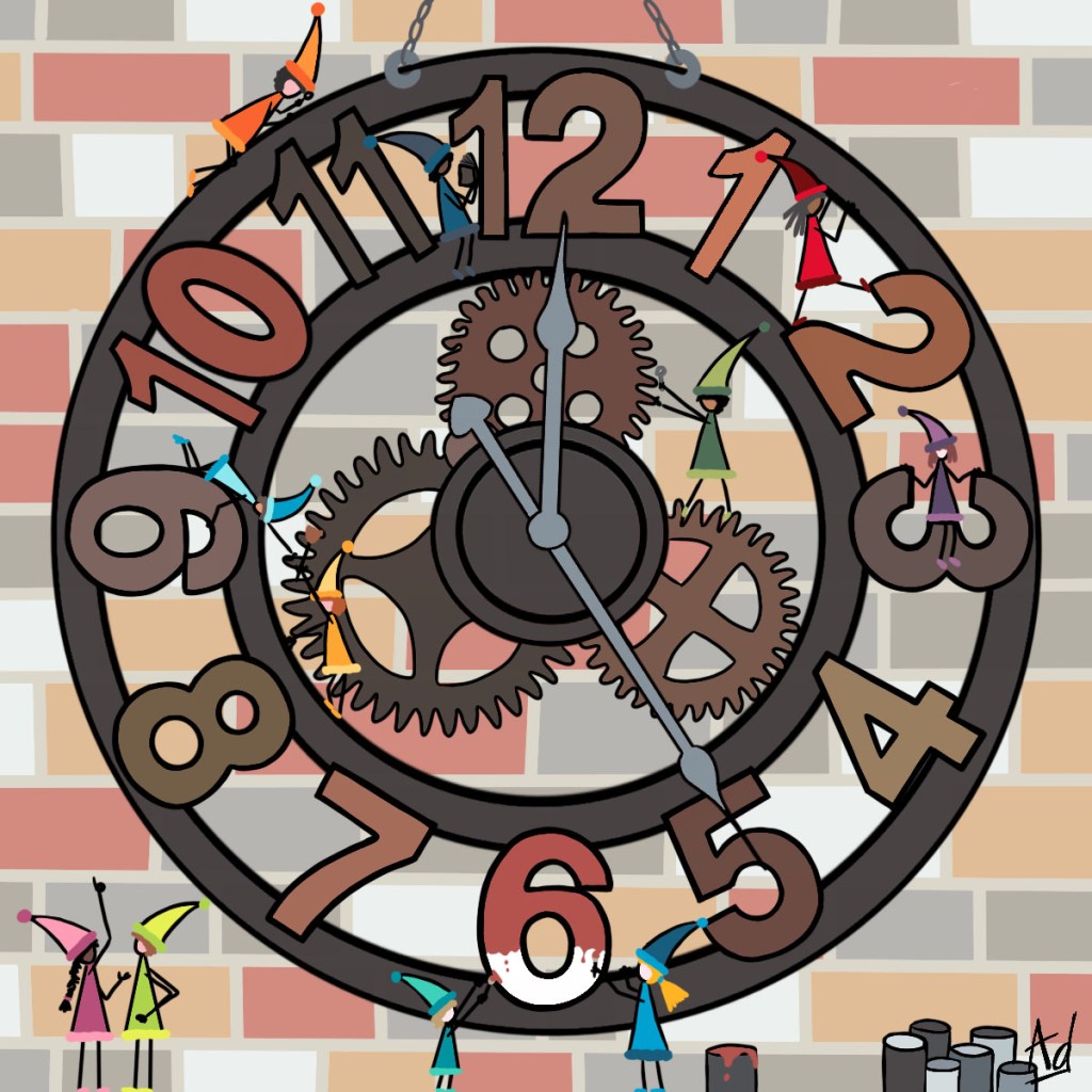 Dessin de lutins en train de construire une horloge