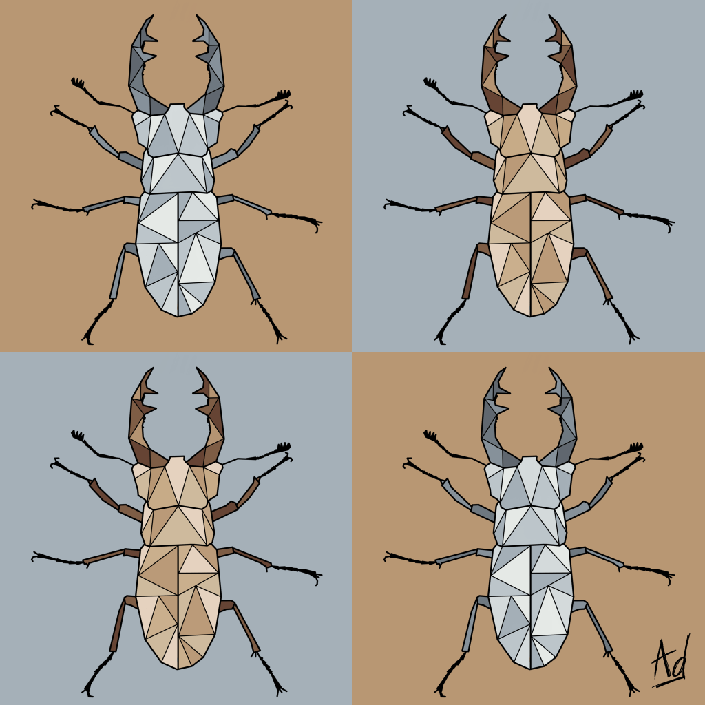 Geometric drawing of brown and grey bugs